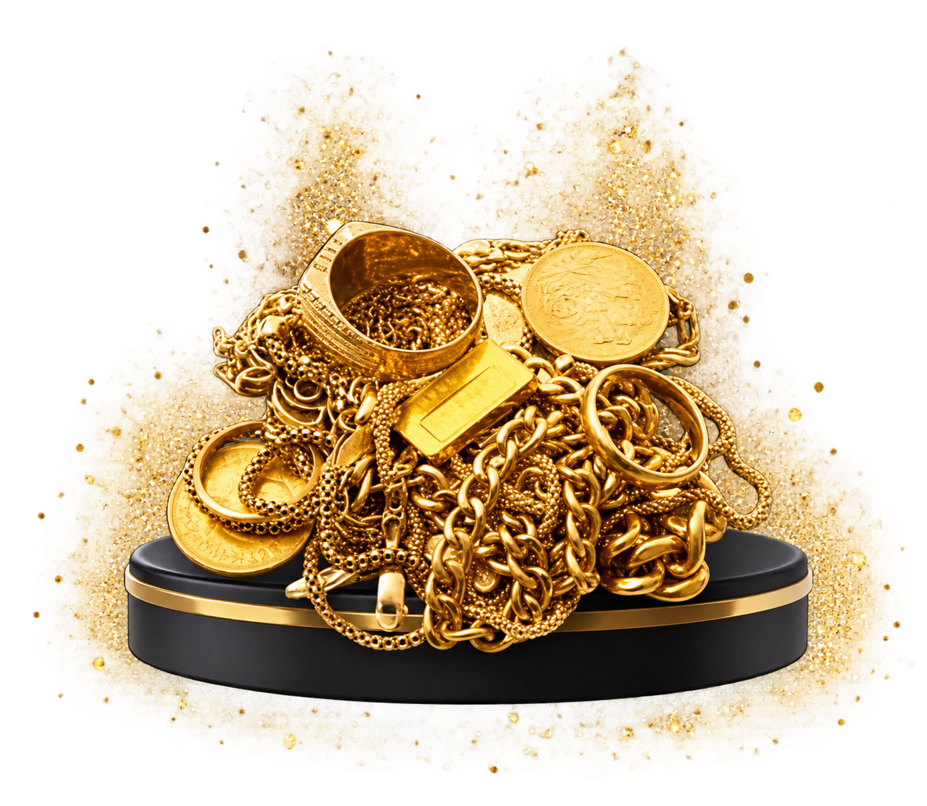 Bijoux et chaînes en or sur un plateau noir bordé d’or, entourés de paillettes dorées
